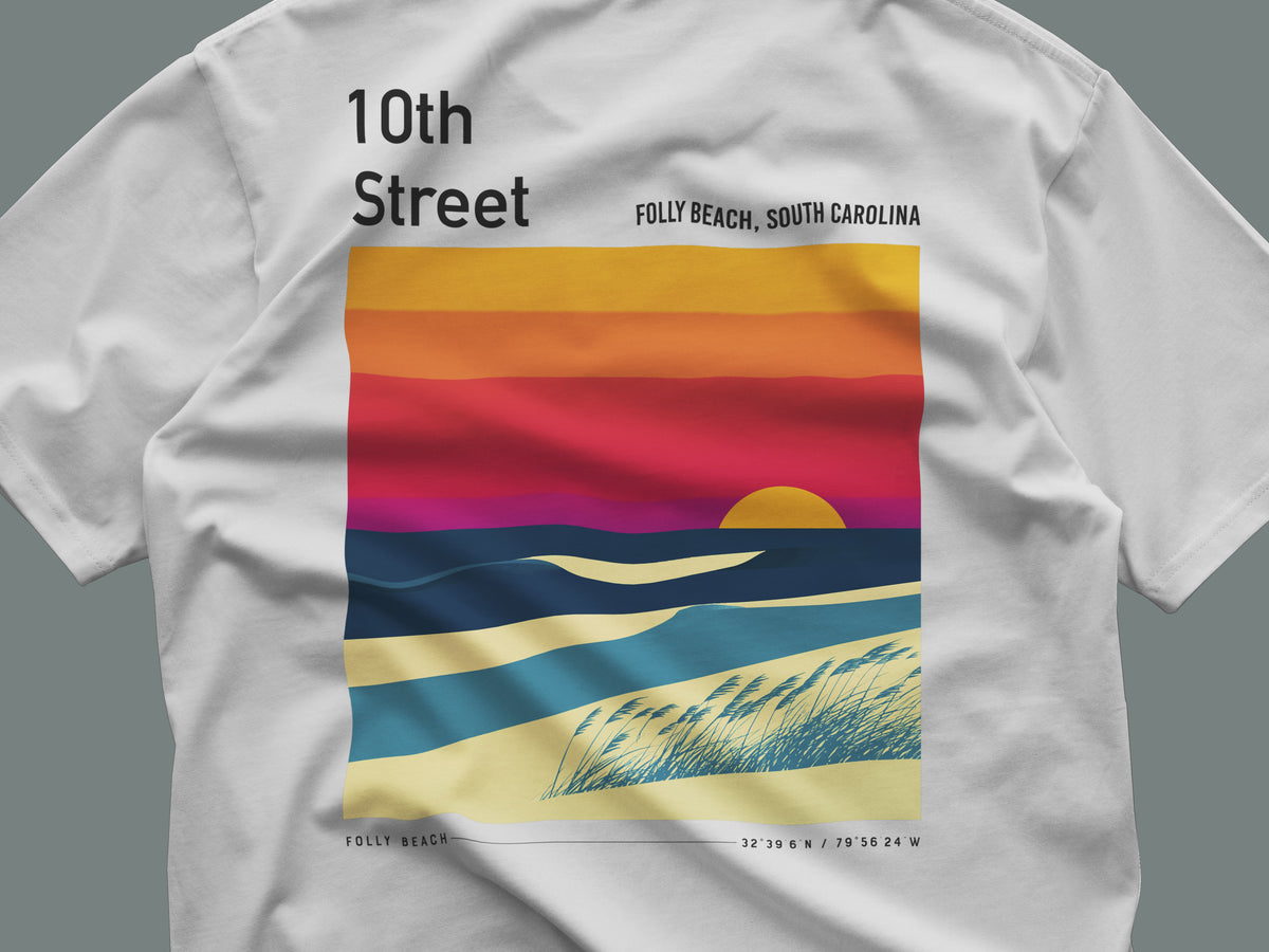 10th Street Surf T-Shirt | Carolina Coast Wave Art Tee — close-up of the left-chest pocket print