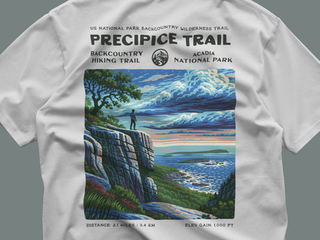 Precipice Trail Hiking T-Shirt | Hiker Gift | Acadia's Boldest Climb — close-up of the left-chest pocket print