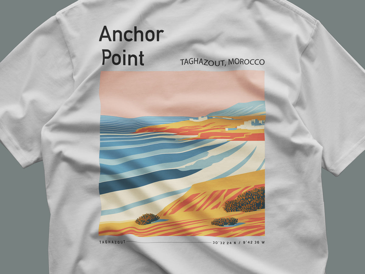 Anchor Point Surf T-Shirt | Moroccan Barrels Wave Art Tee — close-up of the left-chest pocket print