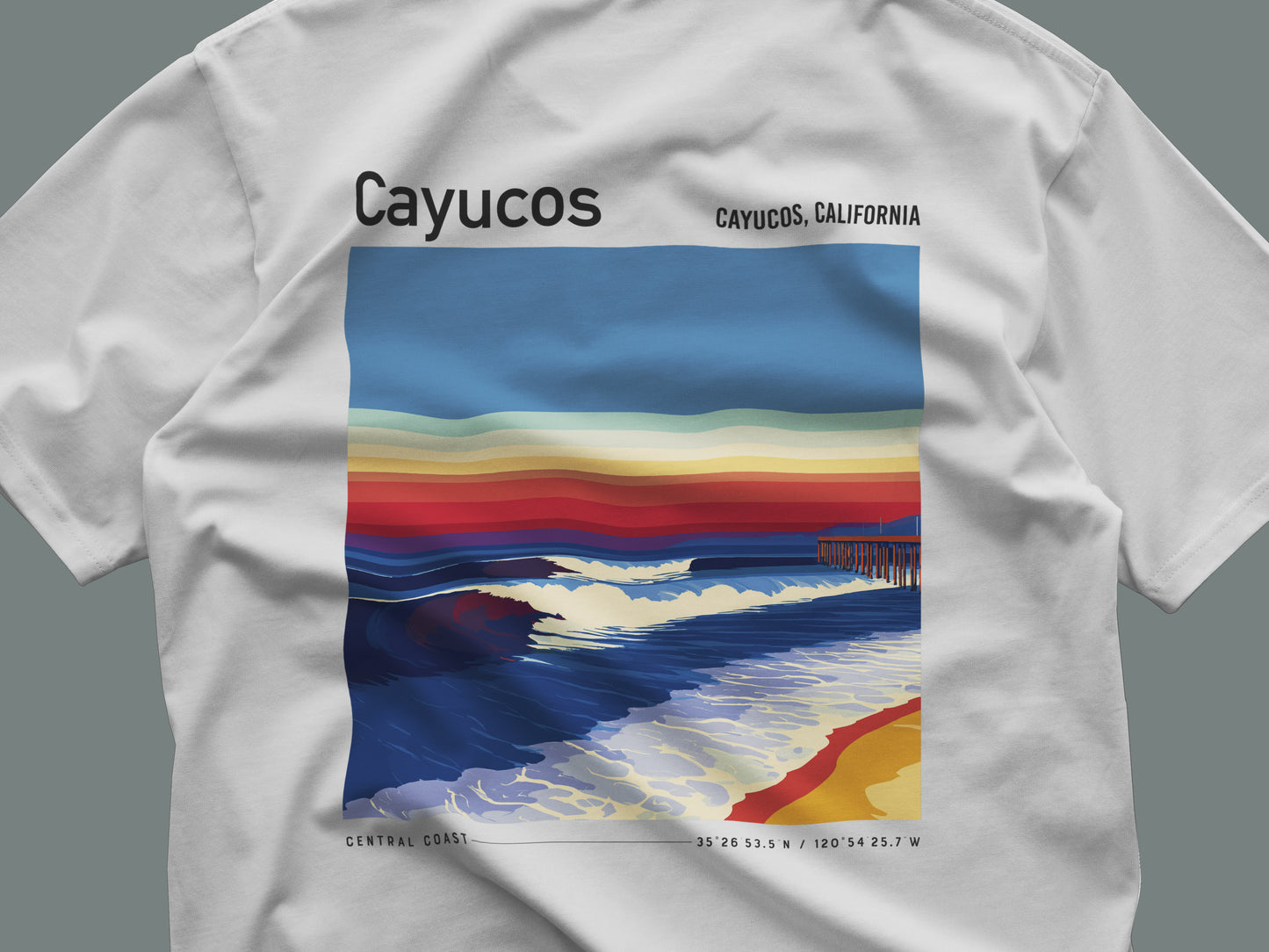 Cayucos Surf T-Shirt | Central Coast Wave Art Tee — close-up of the left-chest pocket print