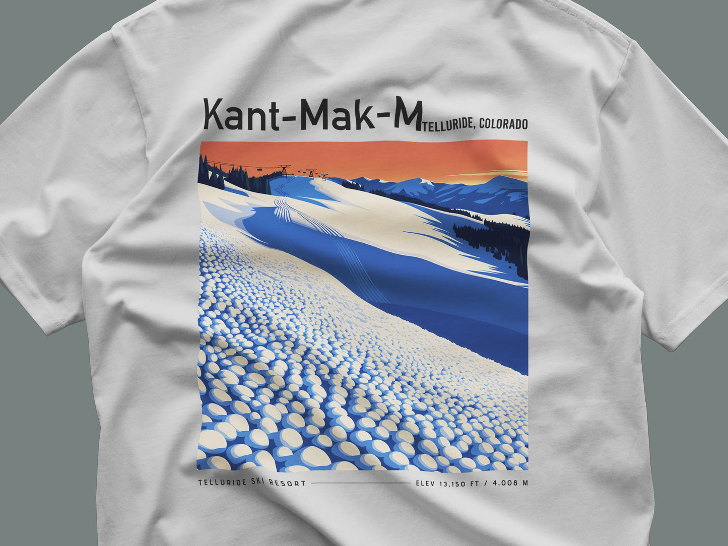 Kant-Mak-M Ski T-Shirt | Telluride Mountain Art Tee — close-up of the left-chest pocket print