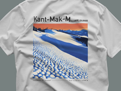Kant-Mak-M Ski T-Shirt | Telluride Mountain Art Tee — close-up of the left-chest pocket print