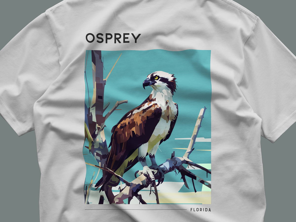 Osprey Travel T-Shirt | Wild Florida Gulf Coast Tee — close-up of the left-chest pocket print