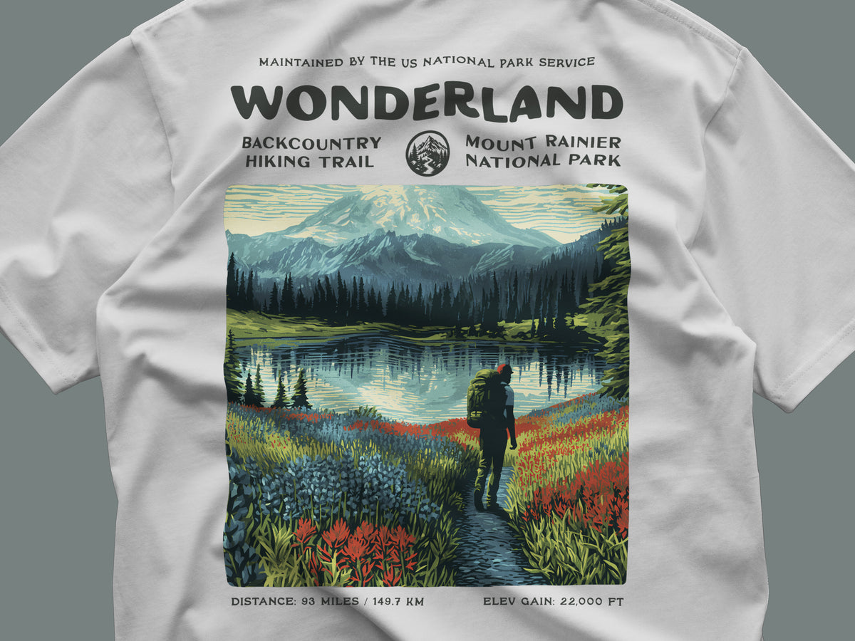Wonderland Trail Hiking T-Shirt | Hiker Gift | Around Rainier Trail Tee — close-up of the left-chest pocket print
