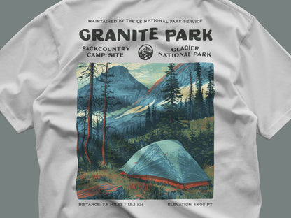 Granite Park Hiking T-Shirt | Hiker Gift | Wild Montana Trail Tee — close-up of the left-chest pocket print