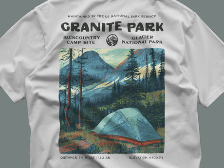 Granite Park Hiking T-Shirt | Hiker Gift | Wild Montana Trail Tee — close-up of the left-chest pocket print