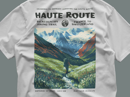 Walker's Haute Route Hiking T-Shirt | Hiker Gift | Alpine Epic Trail Tee — close-up of the left-chest pocket print