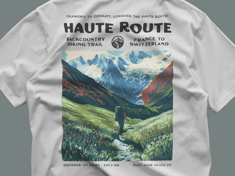 Walker's Haute Route Hiking T-Shirt | Hiker Gift | Alpine Epic Trail Tee — close-up of the left-chest pocket print
