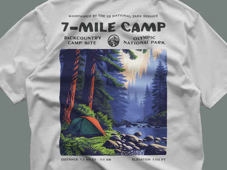 7-Mile Camp Hiking T-Shirt | Camper Gift | Olympic Backcountry Trail Tee — close-up of the left-chest pocket print