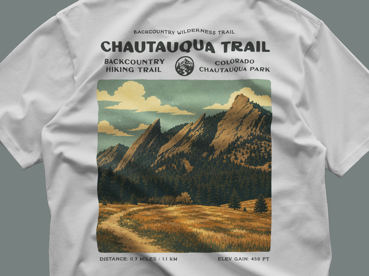 Chautauqua Trail Hiking T-Shirt | Hiker Gift | Boulder Colorado Trail Tee — close-up of the left-chest pocket print