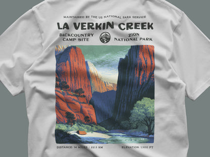 La Verkin Creek Hiking T-Shirt | Hiker Gift | Zion Backcountry Trail Tee — close-up of the left-chest pocket print