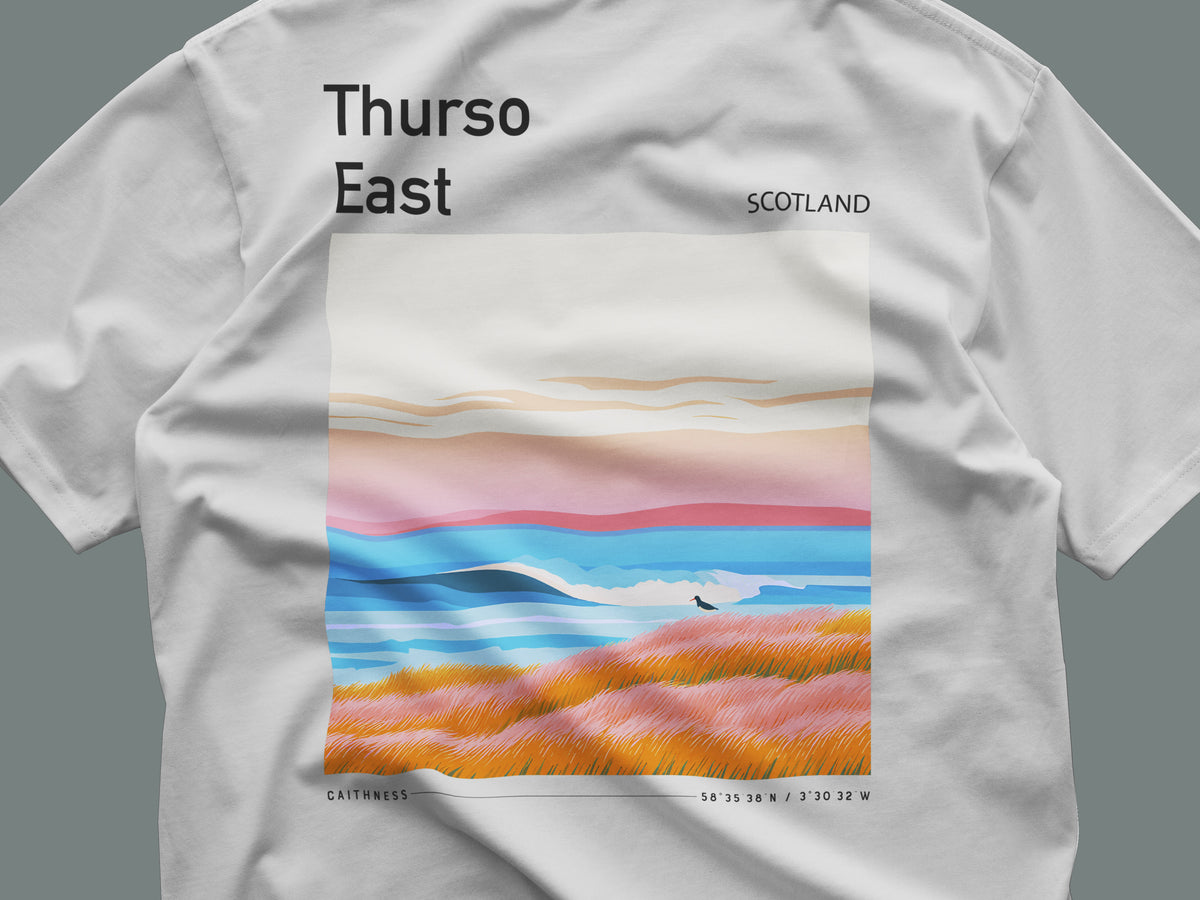 Thurso East Surf T-Shirt | Wild North Atlantic Wave Art — close-up of the left-chest pocket print
