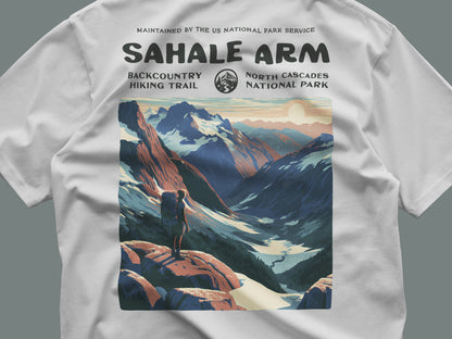 Sahale Arm Hiking T-Shirt | Hiker Gift | North Cascades Trail Tee — close-up of the left-chest pocket print