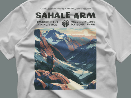 Sahale Arm Hiking T-Shirt | Hiker Gift | North Cascades Trail Tee — close-up of the left-chest pocket print