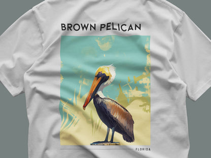 Florida Travel T-Shirt | Brown Pelican Coastal Art Tee — close-up of the left-chest pocket print