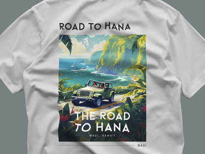 Road to Hana Travel T-Shirt | Maui Rainforest Drive Art Tee — close-up of the left-chest pocket print