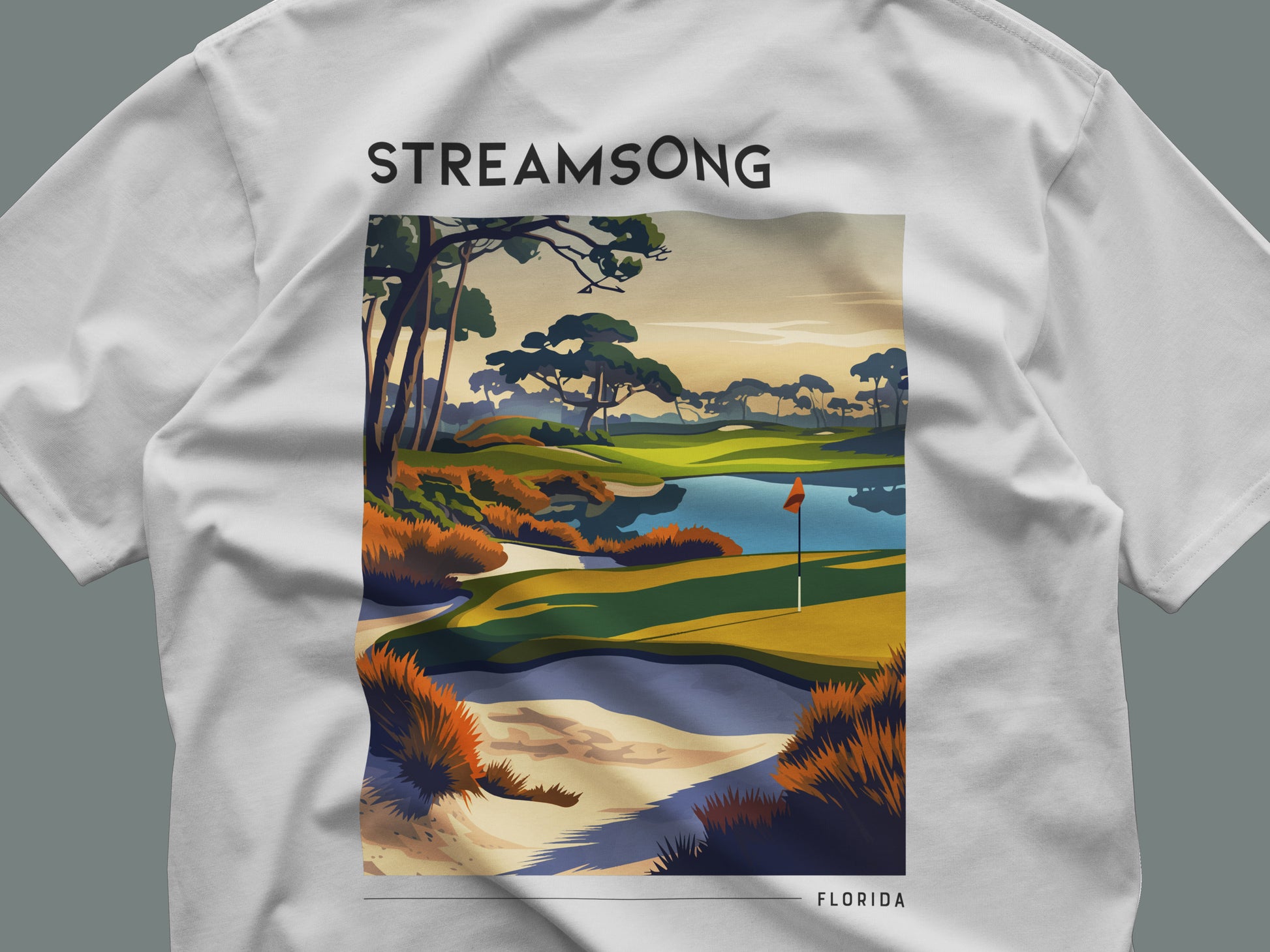 Streamsong Golf T-Shirt | Florida's Wild Links Tee — close-up of the left-chest pocket print