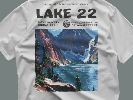 Lake 22 Hiking T-Shirt | Hiker Gift | Alpine Trail Wilderness Tee — close-up of the left-chest pocket print