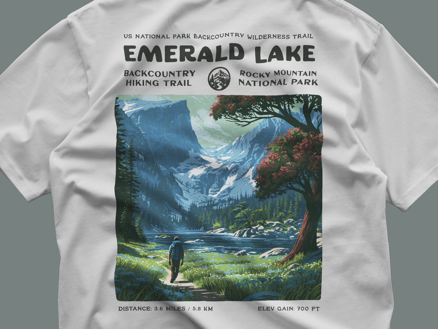 Emerald Lake Hiking T-Shirt | Hiker Gift | Rocky Mountain Trail Tee — close-up of the left-chest pocket print