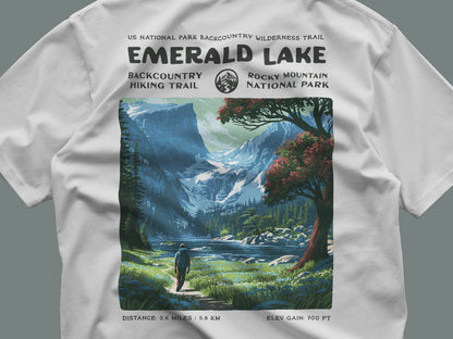 Emerald Lake Hiking T-Shirt | Hiker Gift | Rocky Mountain Trail Tee — close-up of the left-chest pocket print