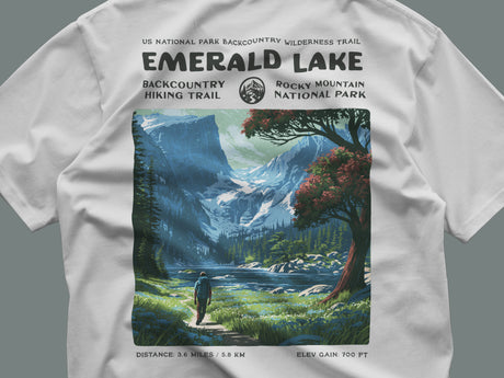 Emerald Lake Hiking T-Shirt | Hiker Gift | Rocky Mountain Trail Tee — close-up of the left-chest pocket print
