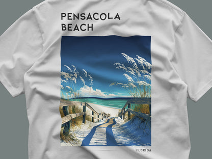 Pensacola Beach Travel T-Shirt | Gulf Coast Sun & Sand — close-up of the left-chest pocket print