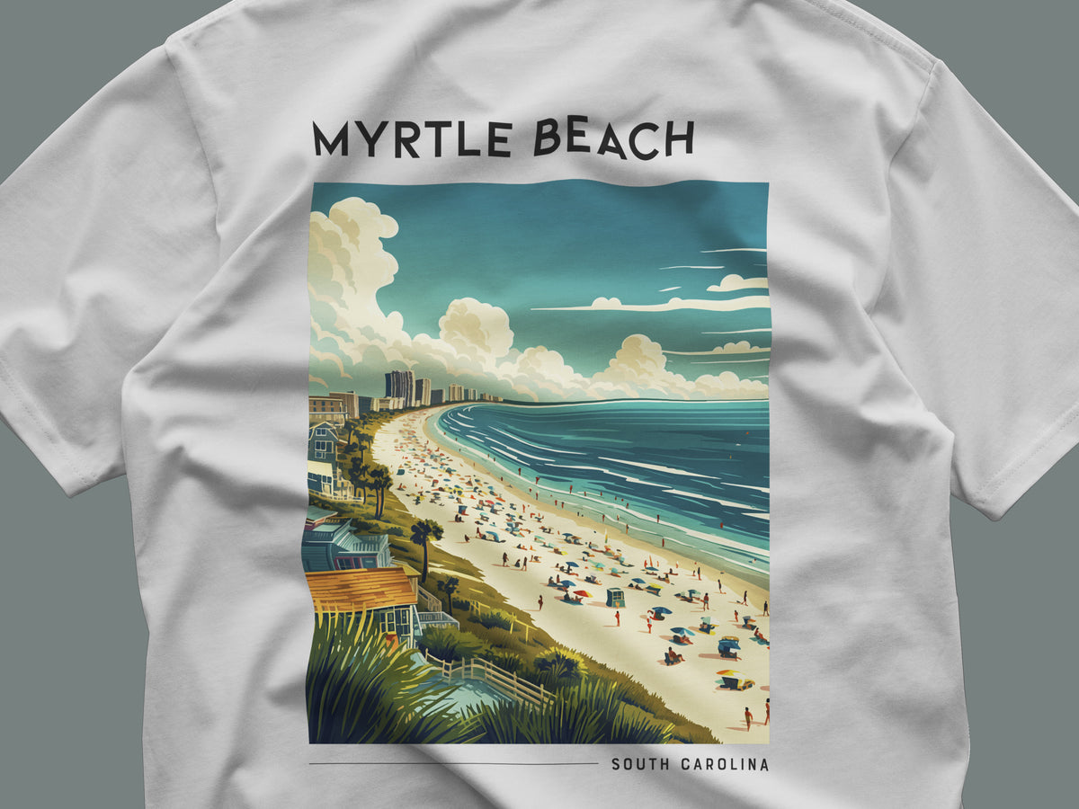 Myrtle Beach Travel T-Shirt | Sun, Sand & Grand Strand — close-up of the left-chest pocket print