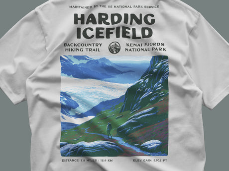 Harding Icefield Hiking T-Shirt | Hiker Gift | Alaska Wilderness Trail Tee — close-up of the left-chest pocket print