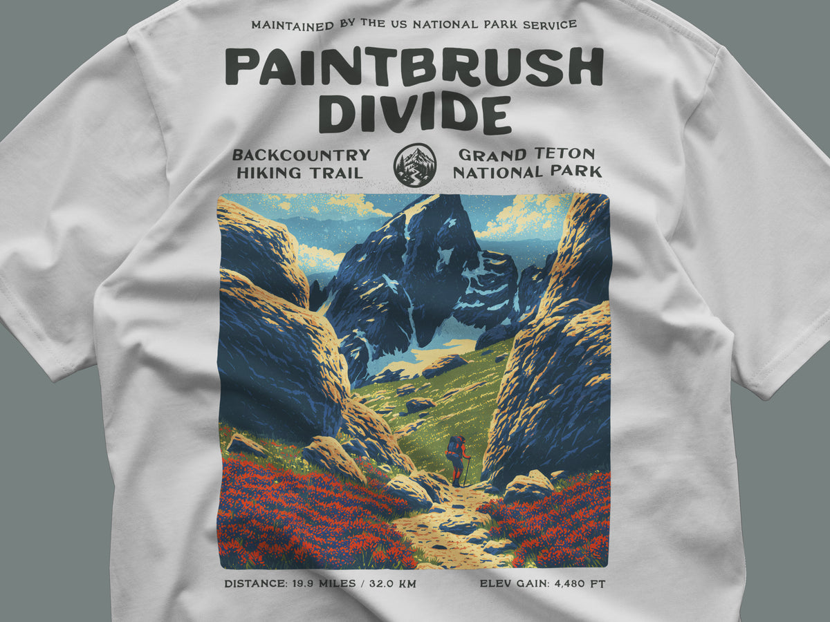 Paintbrush Divide Hiking T-Shirt | Hiker Gift | Teton Backcountry Trail Tee — close-up of the left-chest pocket print