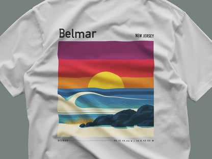 Belmar, New Jersey Surf T-Shirt | Jersey Shore Wave Art Tee — close-up of the left-chest pocket print