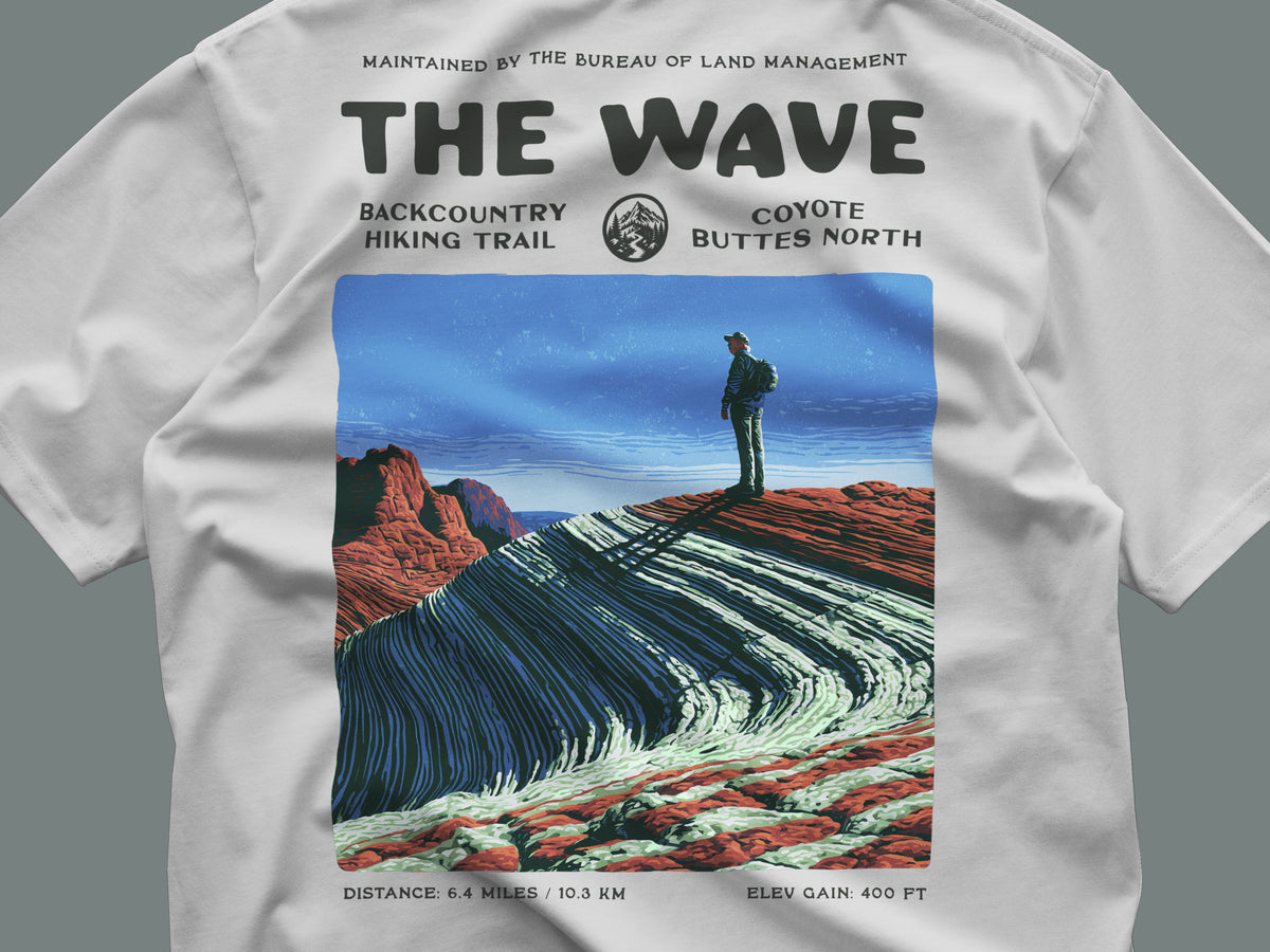 The Wave Coyote Buttes Hiking T-Shirt | Hiker Gift | Painted Desert Trail Tee — close-up of the left-chest pocket print