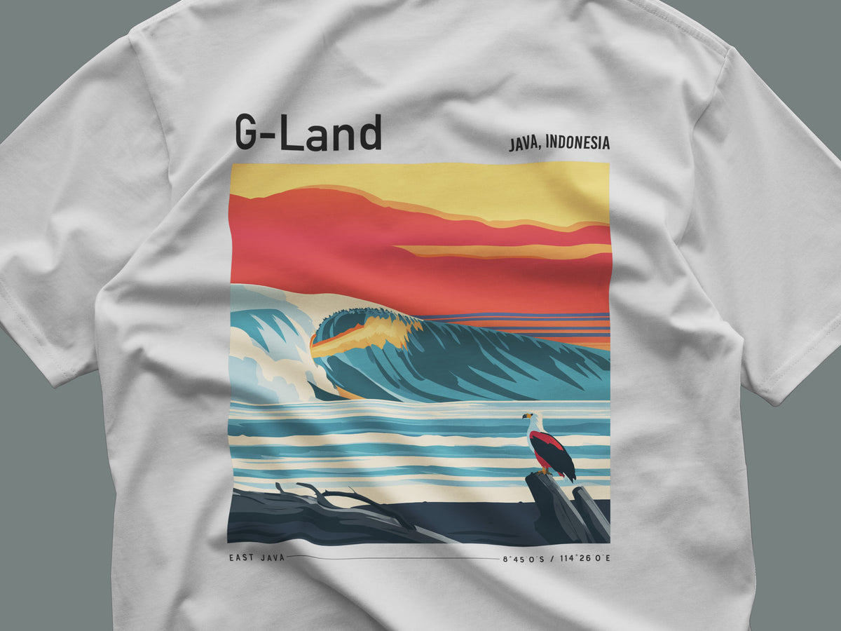G-Land, Java Surf T-Shirt | Legendary Indonesian Wave Art — close-up of the left-chest pocket print
