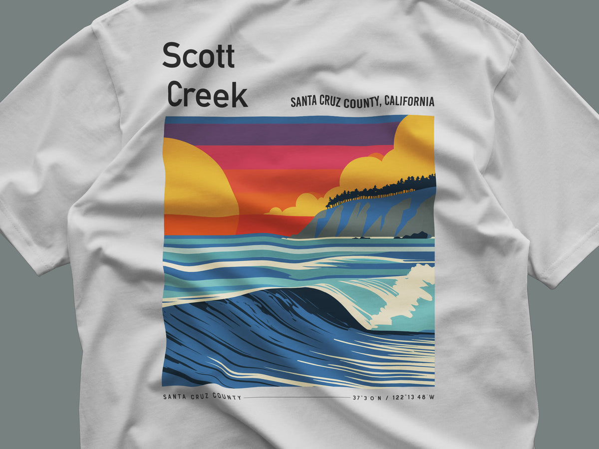 Scott Creek Surf T-Shirt | Central Coast Wave Art Tee — close-up of the left-chest pocket print