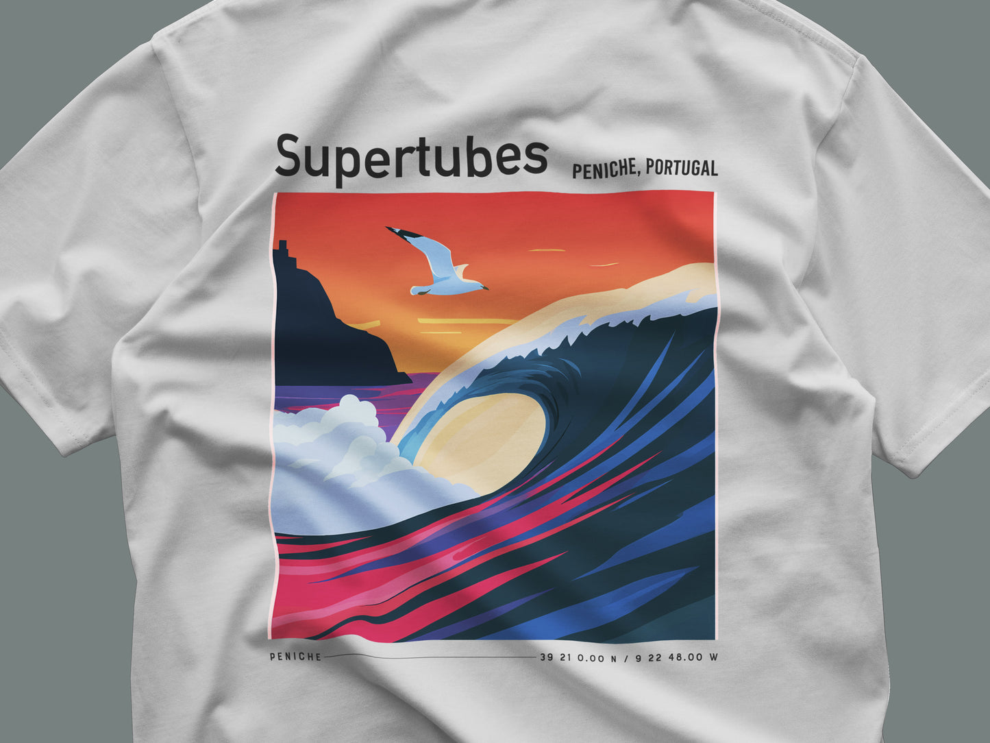Supertubes Surf T-Shirt | Portuguese Barrel Wave Art Tee — close-up of the left-chest pocket print