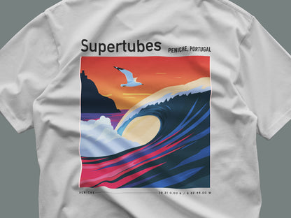 Supertubes Surf T-Shirt | Portuguese Barrel Wave Art Tee — close-up of the left-chest pocket print