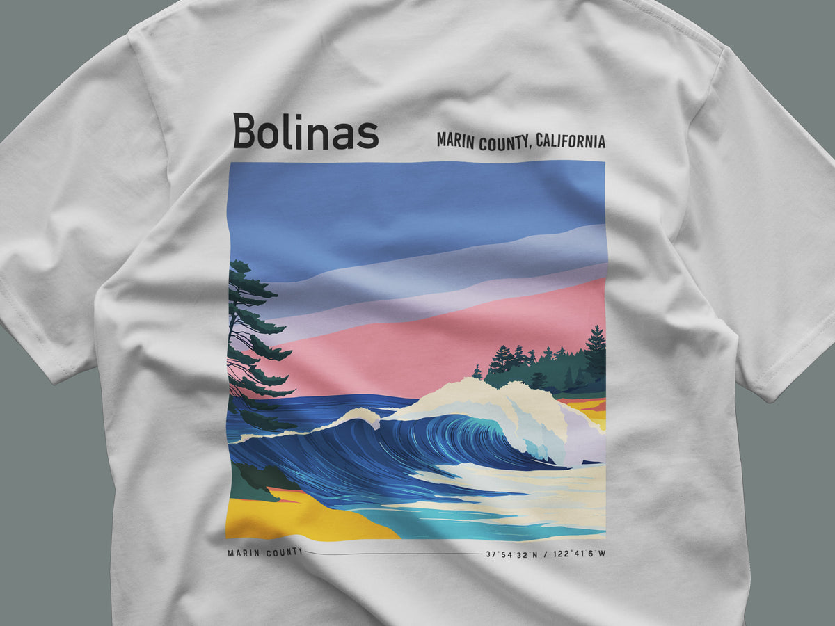 Bolinas Surf T-Shirt | Mellow Waves, Northern California Vibes — close-up of the left-chest pocket print