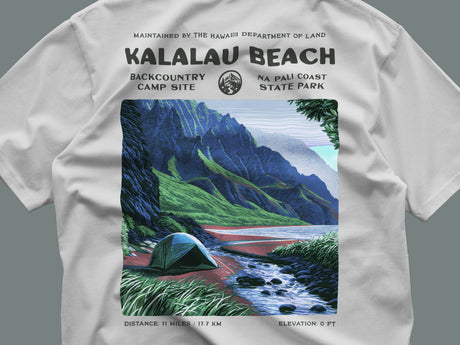 Kalalau Beach Hiking T-Shirt | Hiker Gift | Na Pali Coast Tee — close-up of the left-chest pocket print