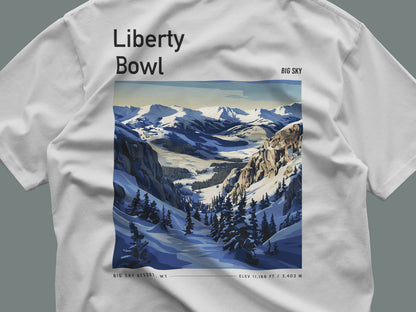 Liberty Bowl Ski T-Shirt | Big Sky Mountain Art Tee — close-up of the left-chest pocket print