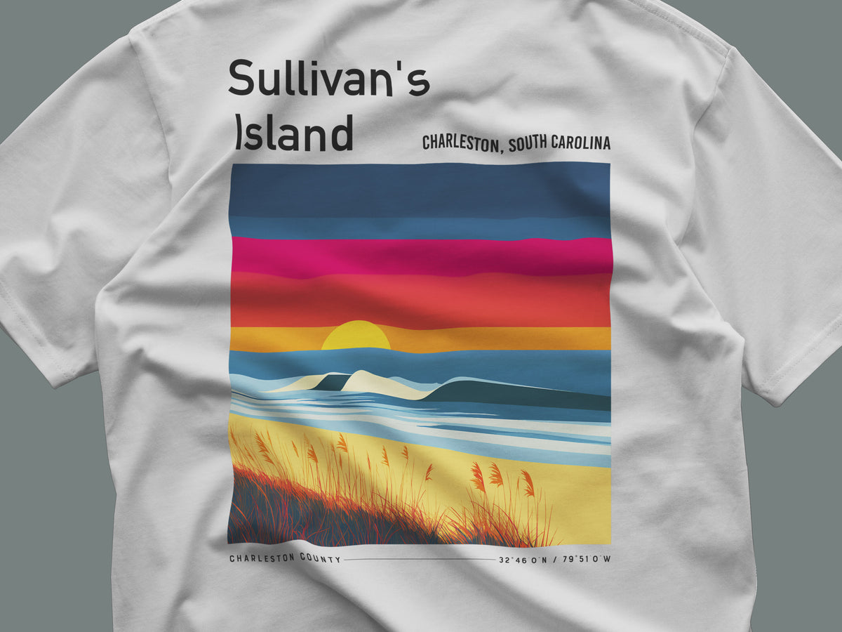 Sullivan's Island Surf T-Shirt | Lowcountry Wave Art Tee — close-up of the left-chest pocket print