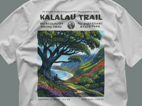 Kalalau Trail Hiking T-Shirt | Hiker Gift | Na Pali Coast Tee — close-up of the left-chest pocket print
