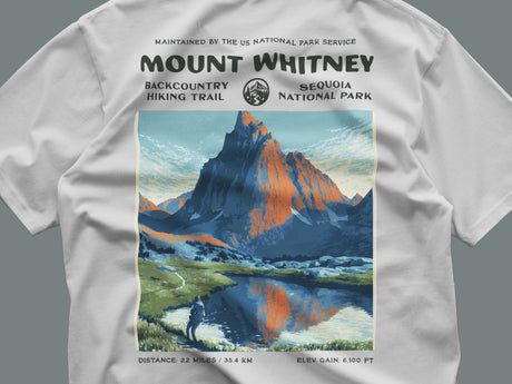 Mount Whitney Hiking T-Shirt | Hiker Gift | Summit Trail Block Print — close-up of the left-chest pocket print