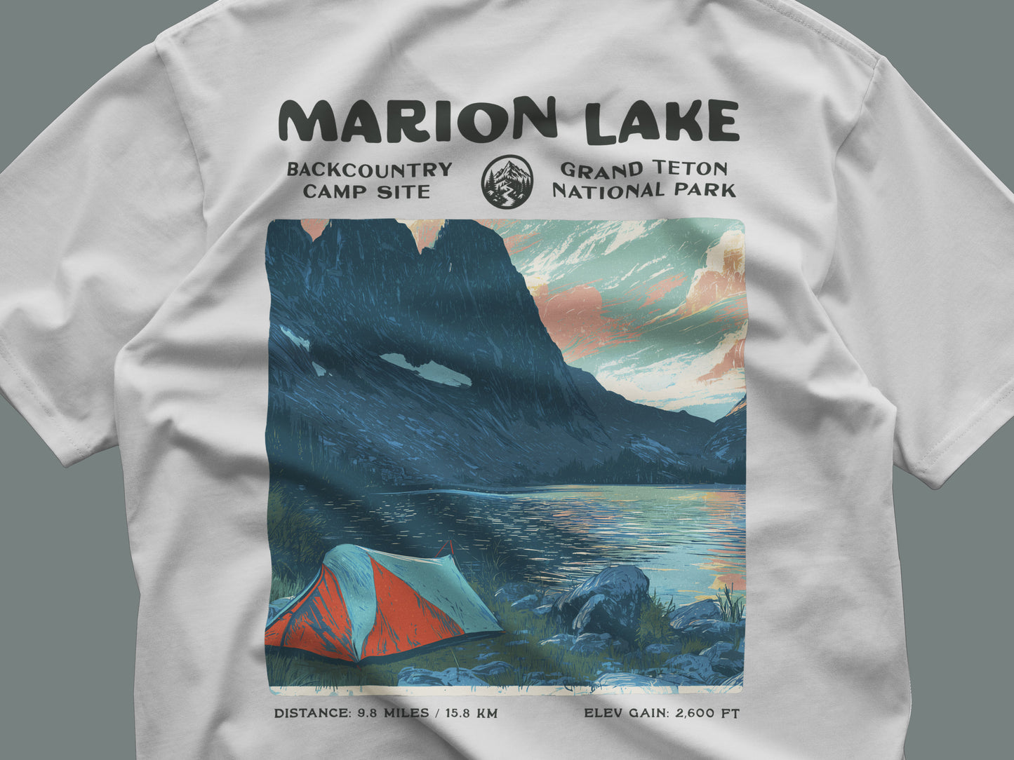 Marion Lake Hiking T-Shirt | Hiker Gift | Teton Backcountry Trail Tee — close-up of the left-chest pocket print