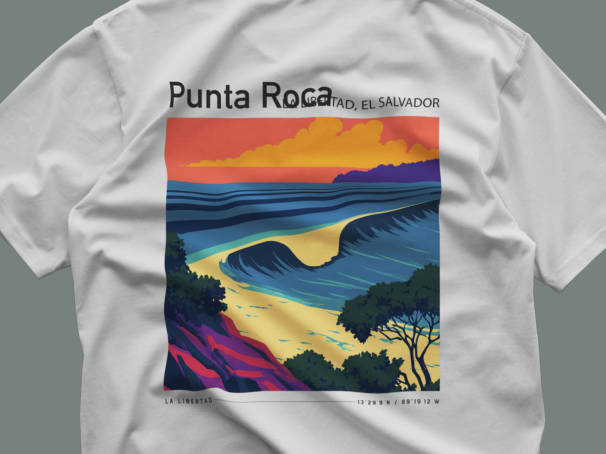 Punta Roca Surf T-Shirt | El Salvador Wave Art Tee — close-up of the left-chest pocket print