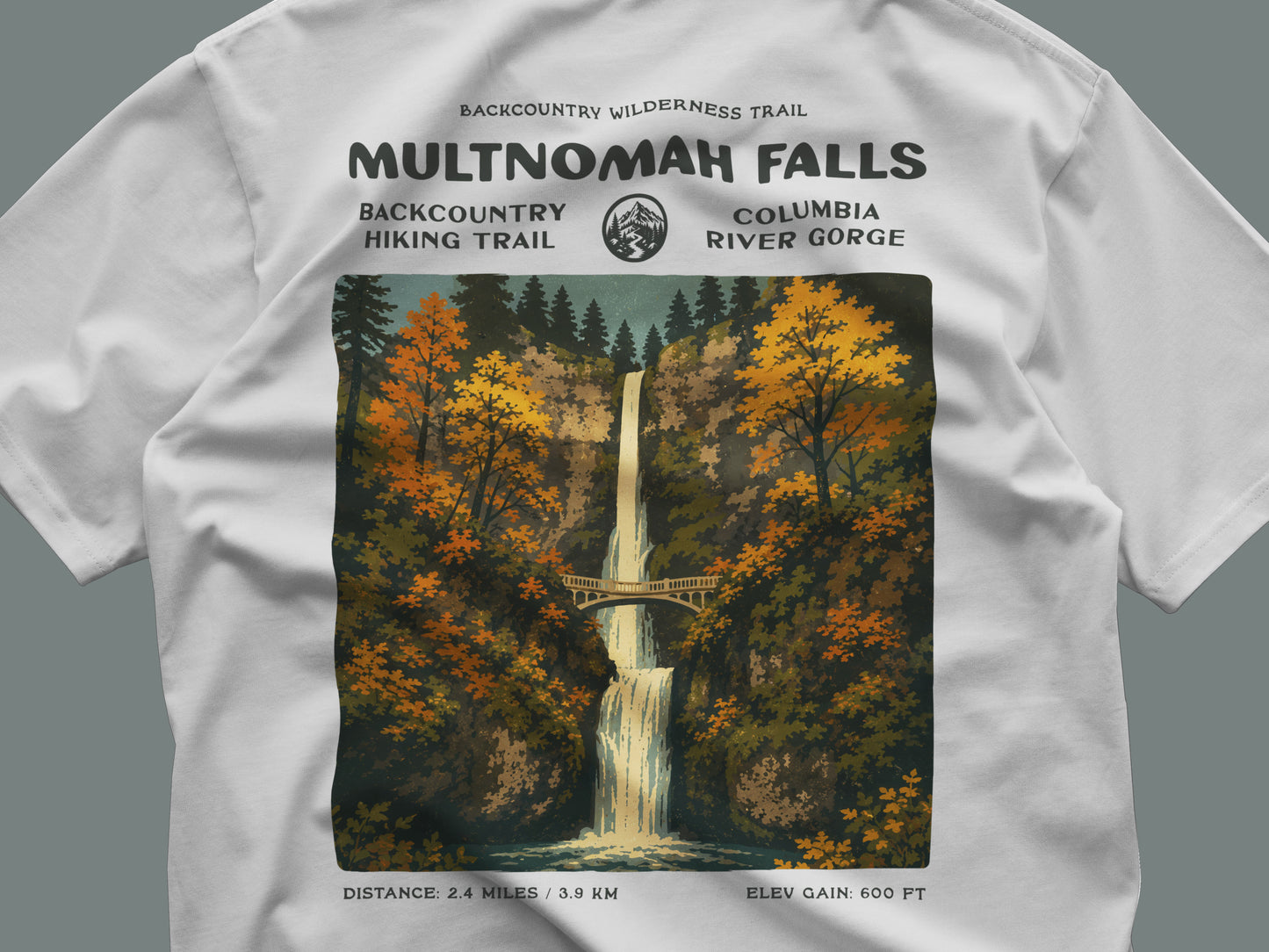 Multnomah Falls Hiking T-Shirt | Hiker Gift | Oregon Waterfall Trail Tee — close-up of the left-chest pocket print