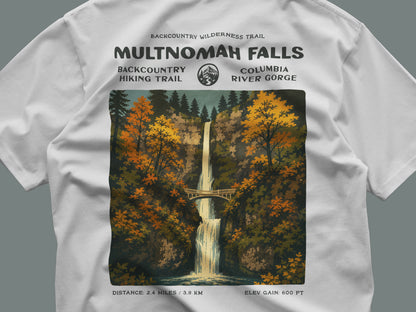 Multnomah Falls Hiking T-Shirt | Hiker Gift | Oregon Waterfall Trail Tee — close-up of the left-chest pocket print