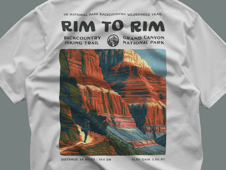 Rim to Rim Hiking T-Shirt | Hiker Gift | Canyon Crossing Trail Tee — close-up of the left-chest pocket print