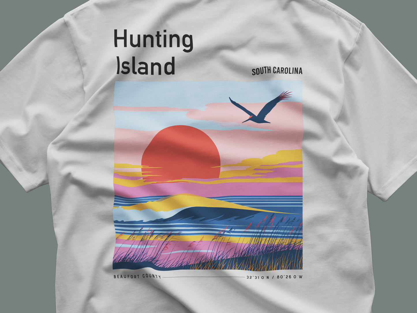Hunting Island Surf T-Shirt | South Carolina Coast Wave Tee — close-up of the left-chest pocket print