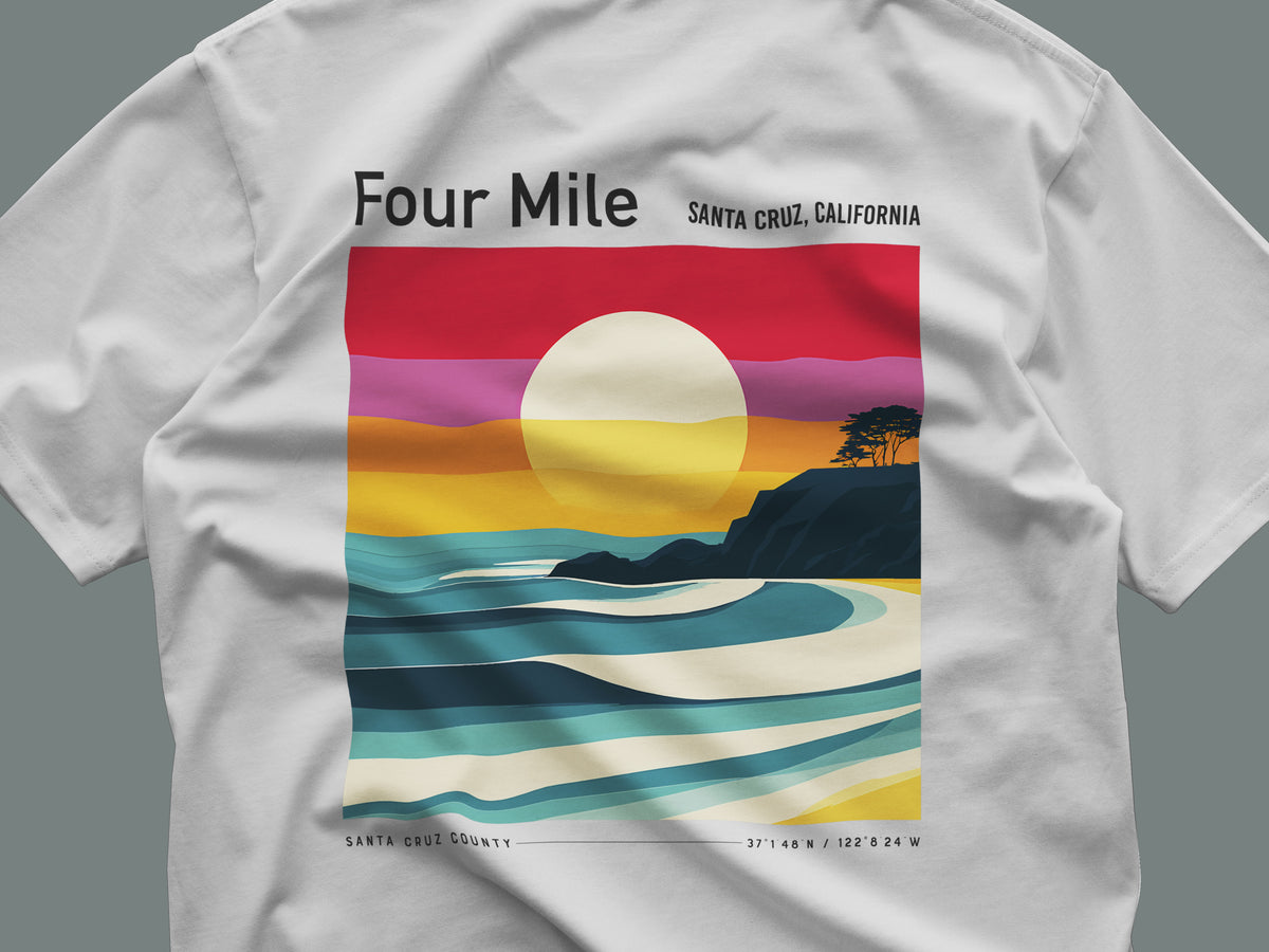 Four Mile Surf T-Shirt | Wild California Coast Wave Tee — close-up of the left-chest pocket print