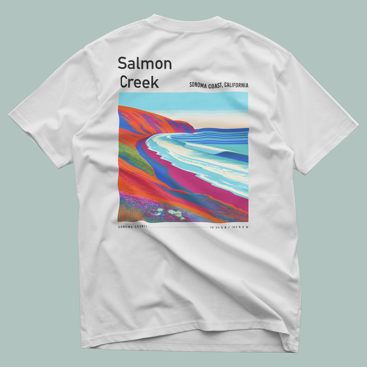 Salmon Creek Surf T-Shirt | Wild Sonoma Coast Wave Art — design printed on the back of the t-shirt