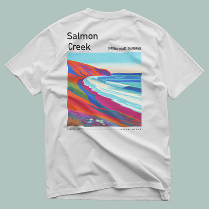 Salmon Creek Surf T-Shirt | Wild Sonoma Coast Wave Art — design printed on the back of the t-shirt